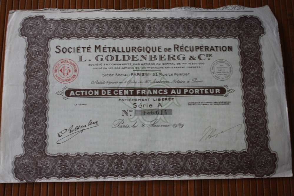 SOCIETE METALLURGIQUE DE RECUPERATION L. GOLDENGERG & CIE -  1927 SIEGE A PARIS  FRANCE  ACTION  TITRE => SCRIPOPHILIE - Industry