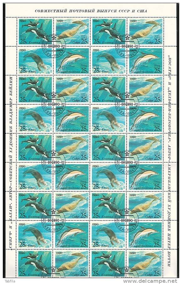 RUSSIA / RUSSIE - 1990 - Mammifieres Marins Emission Conjointe URSS - USA  - Feille De 10 Series  - Obl. - Dolphins