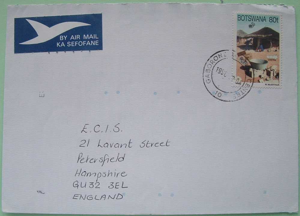 Botswana 1996 Cover To England UK - Sent To A School Council - UNDP Development Plan - United Nations - Botswana (1966-...)