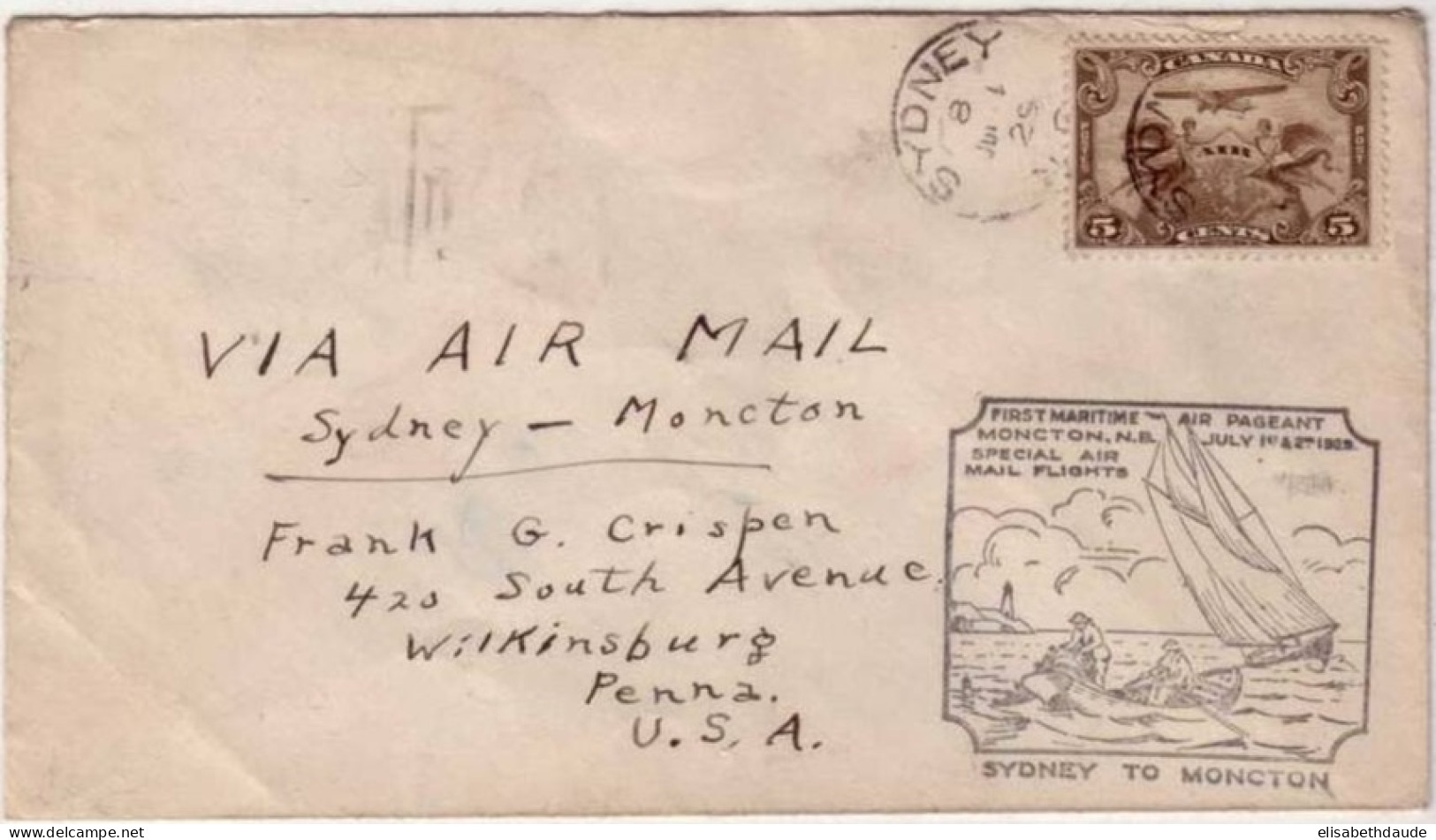 1929 - LETTRE Par POSTE AERIENNE - AIRMAIL - De SYDNEY Pour Les USA - LIAISON SYDNEY-MONCTON - Poste Aérienne