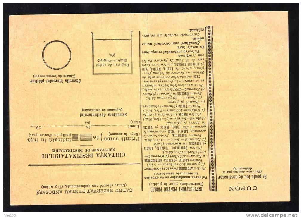 ROMANIA OLD BULETIN D´EXPEDITION MANDATE POSTALE INNTERNATIONALE ,INNTERNATIONAL  MONEY ORDER,IMPRINTED POSTAGE 5 BANI. - Postpaketten