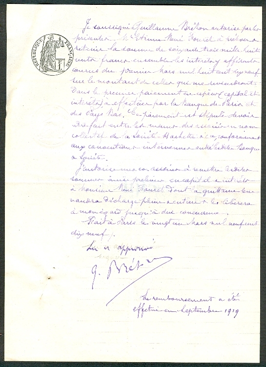 1919, Autorisation De Prélévement (63800 Francs) De Guillaume Breton Pour René Fouret, Banque Paris, Pays-Bas, Hachette - Bank & Insurance