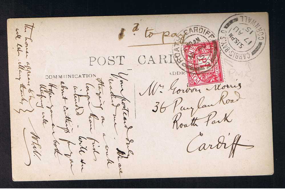 RB 642 - 1915 GB 1d Postage Due Postcard - Carbis Bay S.O. To Roath Cardiff - Real Photo Nut Grove Grotto Cornwall - Postage Due