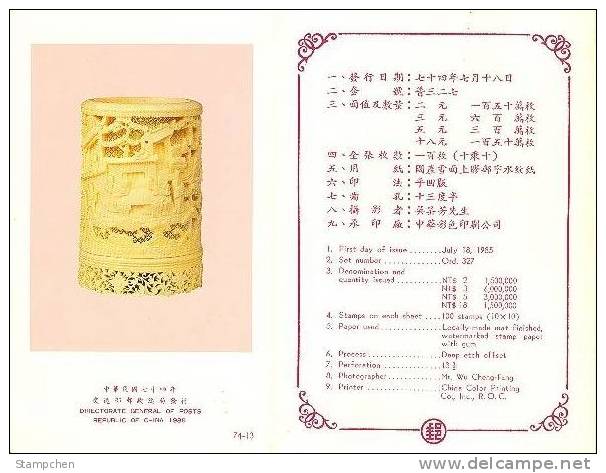 Folder Taiwan 1985 Ancient Chinese Art Treasures Stamps - Ivory Carving Butterfly Insect Beetle Elephant Ship Fruit - Unused Stamps