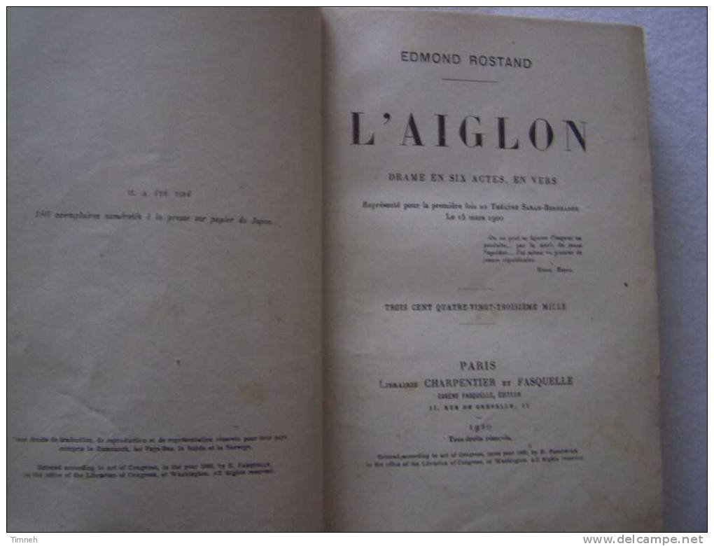 L'AIGLON-Edmond ROSTAND-1920 Librairie CHARPENTIER Et FASQUELLE-DRAME EN SIX ACTES- - Franse Schrijvers