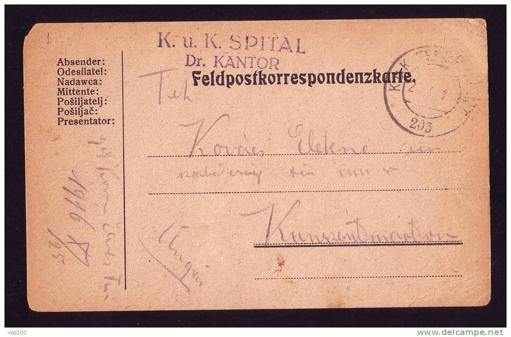 PC  1916 CENSORED K.U.K. SPITAL Dr. KANTOR,SENT TO ROMANIA, Very Rare! - 1ste Wereldoorlog (Brieven)