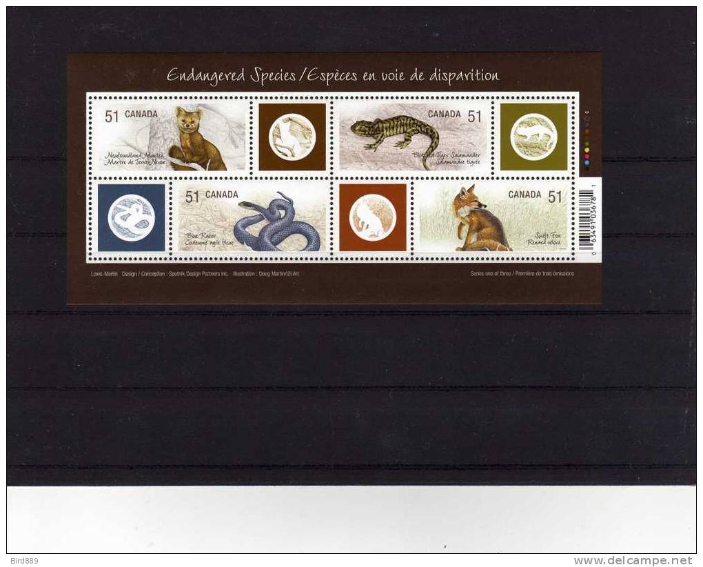 Canada 2006 Endangered Species Fauna Animals Marten Salamander Snake Fox Sheet Of 4 & 4 Labels MNH - Nuevos