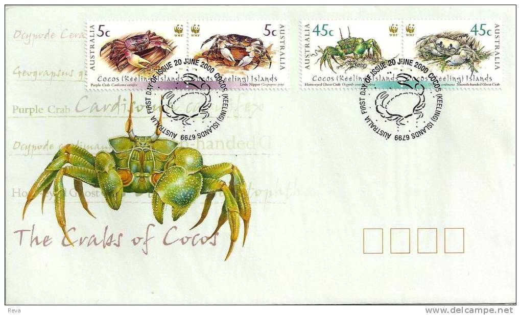 COCOS (KEELING) ISLANDS FDC MARINE LIFE CRABS WWF SET OF 4 SE-TENANT STAMPS DATED 20-06-2000 CTO SG? READ DESCRIPTION !! - Kokosinseln (Keeling Islands)