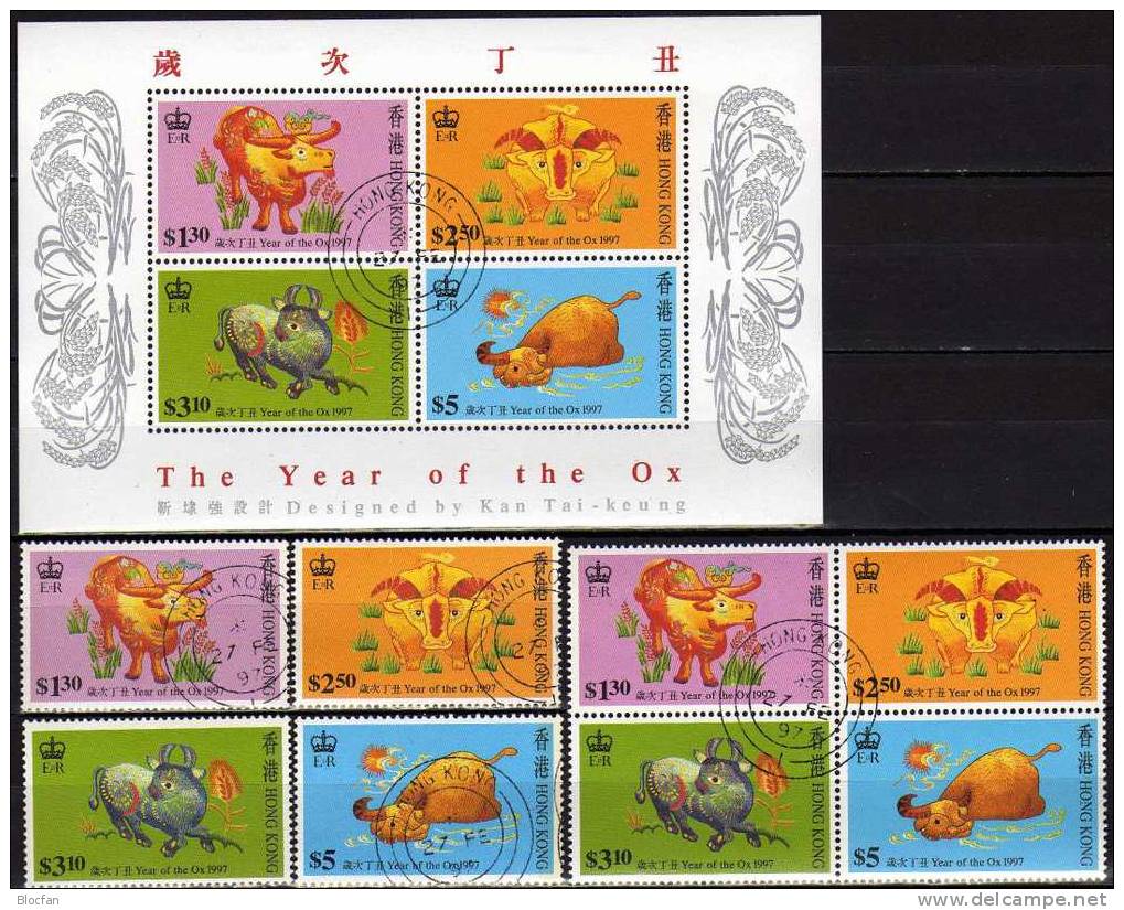 China Year Of The Ox 1997 Hongkong 785/8, ZD + Block 45 O 15€ Chinesisches Neujahr Stickerei Bloc Sheet From HONG KONG - Astrologie