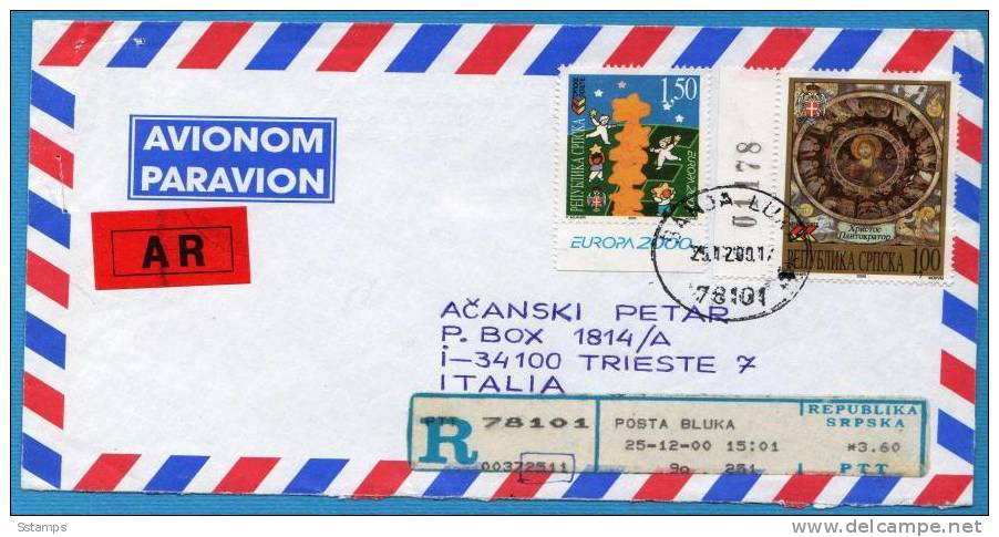 U-P2  BOSNIA SERBA 2000 EUROPA CEPT  SERBISCHE REPUBLIK   RRR CHILDREN  RECCO LETTER BANJA LUKA-TRIESTE ITALIA - 2000