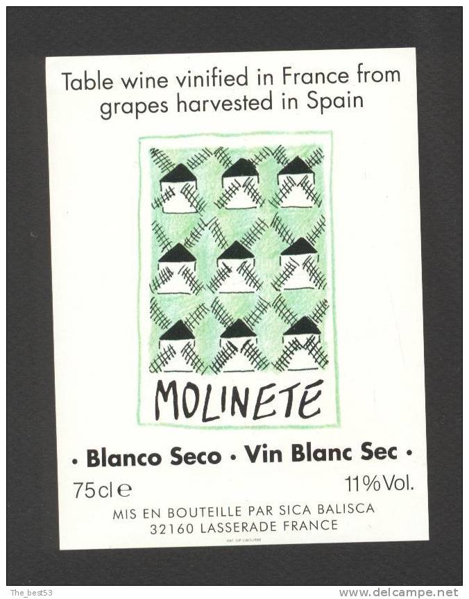 Etiquette De Vin Blanc Sec  - Molinete  -  SICA Balisca  à  Lasserade  (32)  -  Moulin à Vent - Mulini A Vento