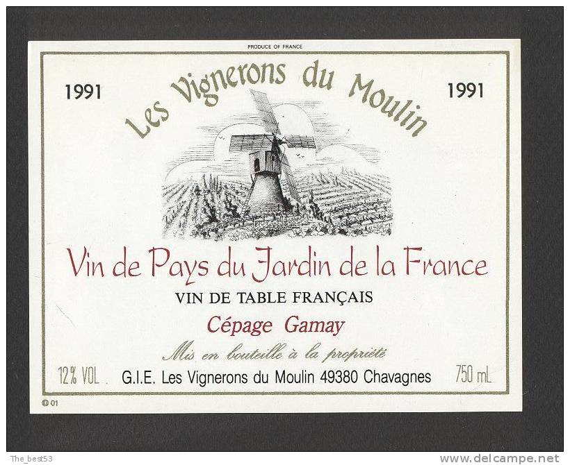 Etiquette De Vin De Pays Du Jardin De La France 1991- Les Vignerons Du Moulin à Chavagnes (49) - Moulin à Vent - Moulins à Vent