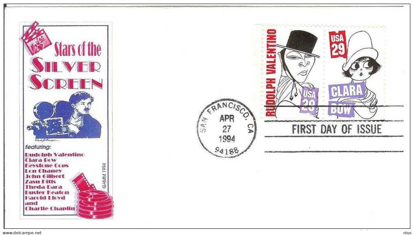 USA United States 1994 FDC Actor Rudolph Valentino Clara Bow Film Cinema Movie Comedy Comedians - 1991-2000