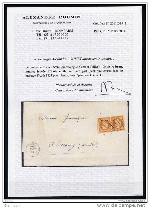 Lettre Paire N°9 Bistre Brun Foncé Luxe Paris à Nancy Cote Dallay 4600&euro;. Rare Et Signée Roumet - 1852 Louis-Napoléon
