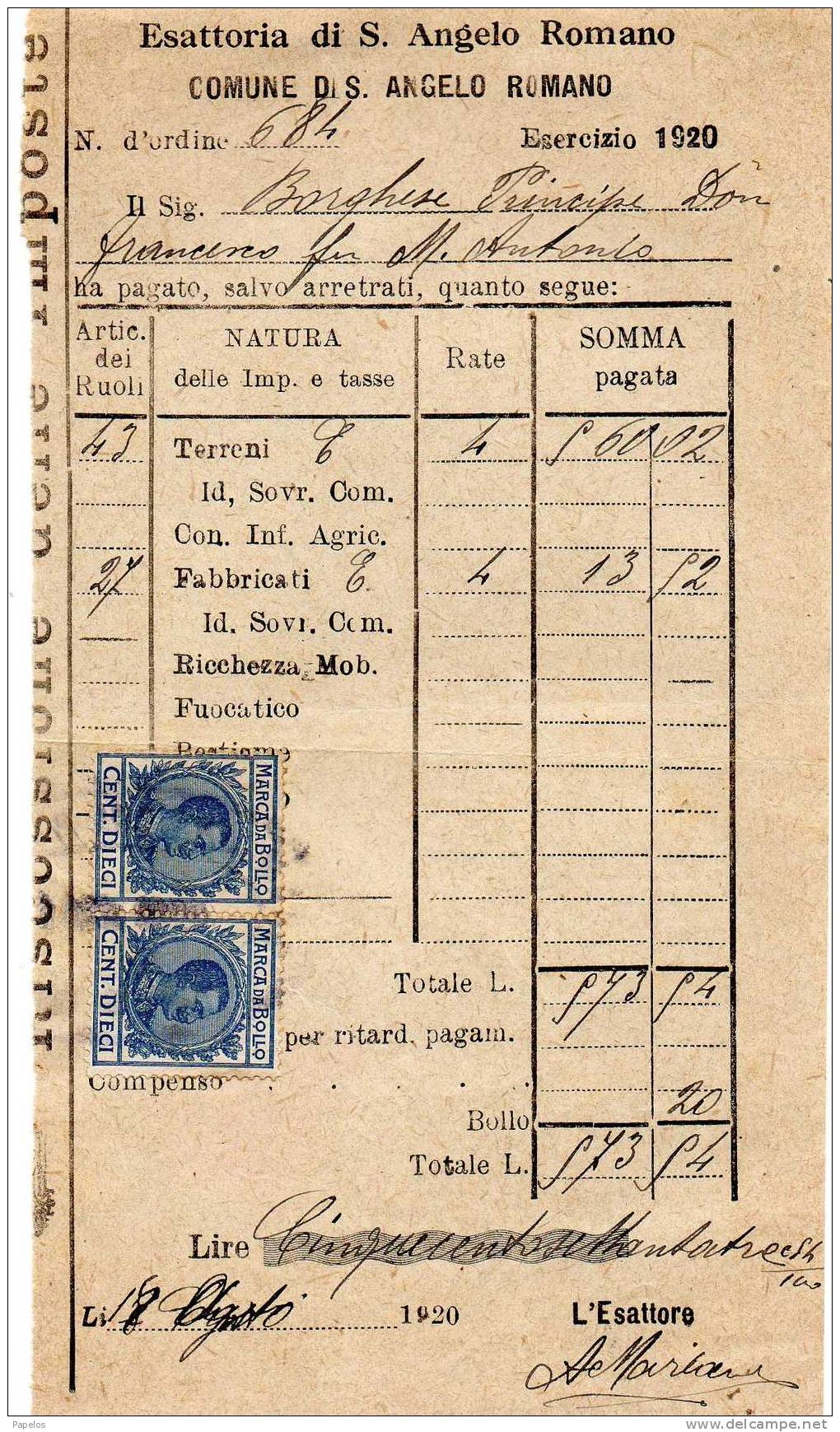 1920 Esattoria DI S.ANGELO ROMANO CON 2 MARCHE DA CENT.10 - Steuermarken