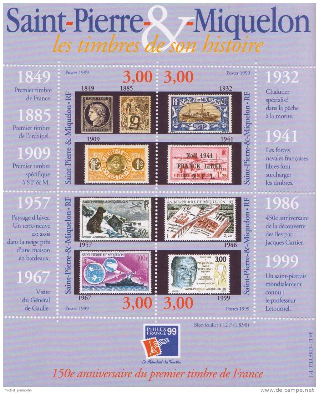 SAINT-PIERRE-ET-MIQUELON N° 6 B.  FEUILLET NEUF SANS CHARNIERE PHILEXFRANCE 99 - Blocks & Sheetlets