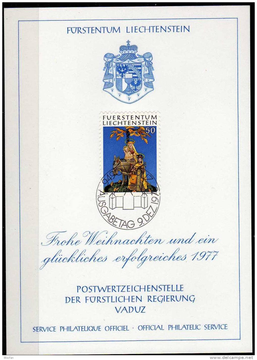 Weihnachten Neujahrs-Karte 1977 Liechtenstein 663 Karte O 10€ Christmas Volks-Kunst Jesus-Kind Auf Esel New Year Card - Liechtenstein