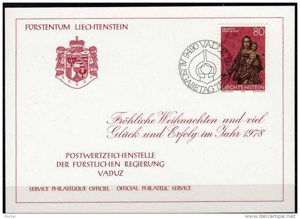 Weihnachten Neujahrs-Karte 1978 Fürstentum Liechtenstein 690 Karte O 10€ Christmas Skulptur Maria Mit Kind New Year Card - Liechtenstein