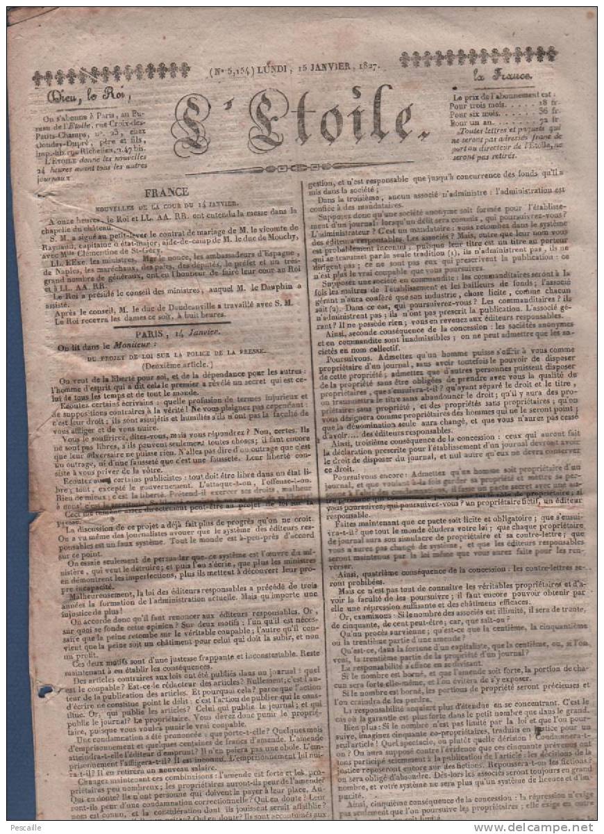 JOURNAL L´ETOILE 15 01 1827 - LIBERTE PRESSE - PORTUGAL - GENEVE - ROME - PETITIONS - - 1800 - 1849