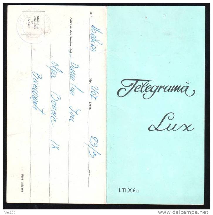 ROMANIA 1967 TELEGRAM ,LUX TELEGRAM,code;LTLX6a,VERY RARE. - Telegraphenmarken