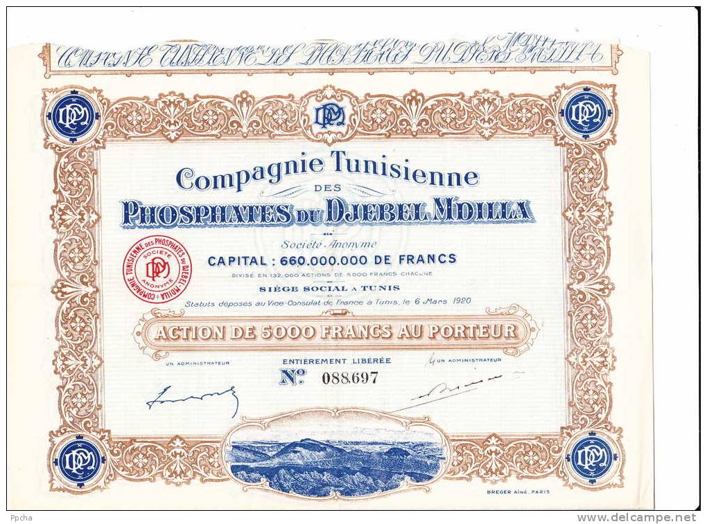 Compagnie Tunisienne Phosphates Du Djebel Mdilla M´dilla 5000 Francs 1920 - Afrique