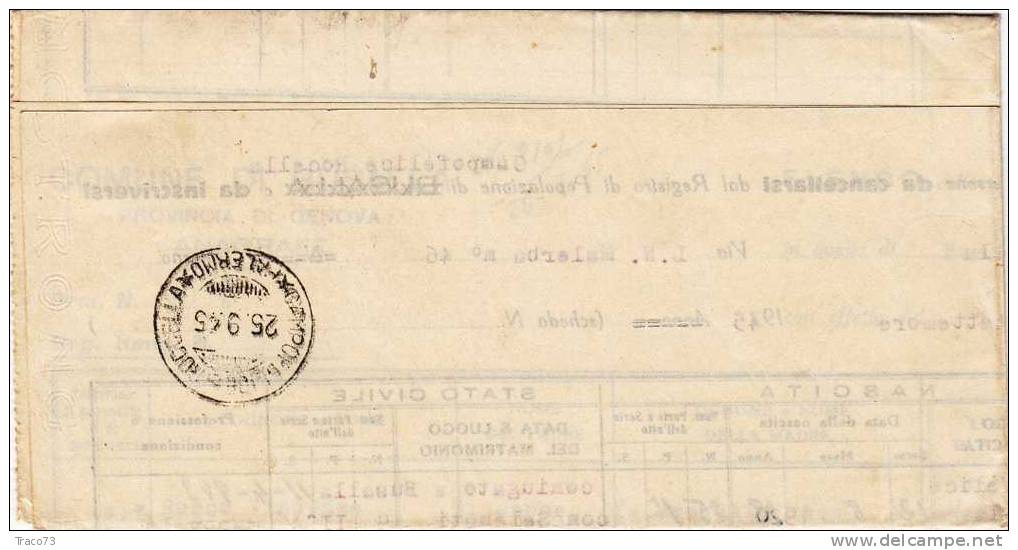 BUSALLA  / CAMPOFELICE  - Piego   - Ovale " POSTE Comune Di Busalla "  18.09.1945 - Imperiale Seza Fasci Lire 1 Isolato - Marcofilía