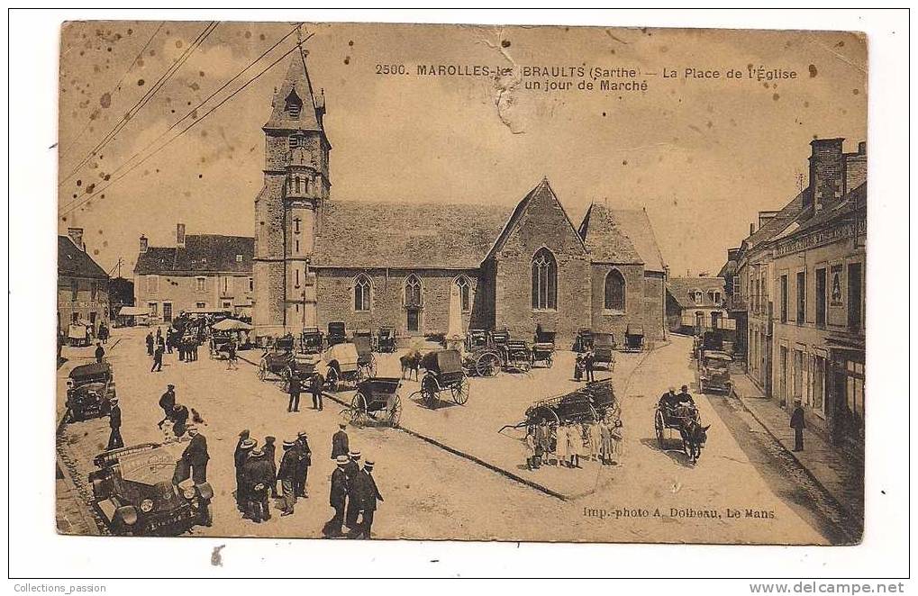 Cp , 72 , MAROLLES LES BRAULTS , La Place De L'église Un Jour De Marché , Voyagée - Marolles-les-Braults