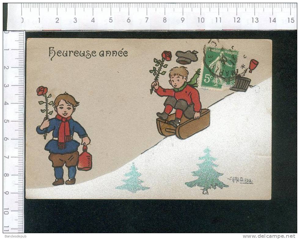 Jolie Carte Signée Diehl Heureuse Année Enfant Neige Luge - Diehl, Carl