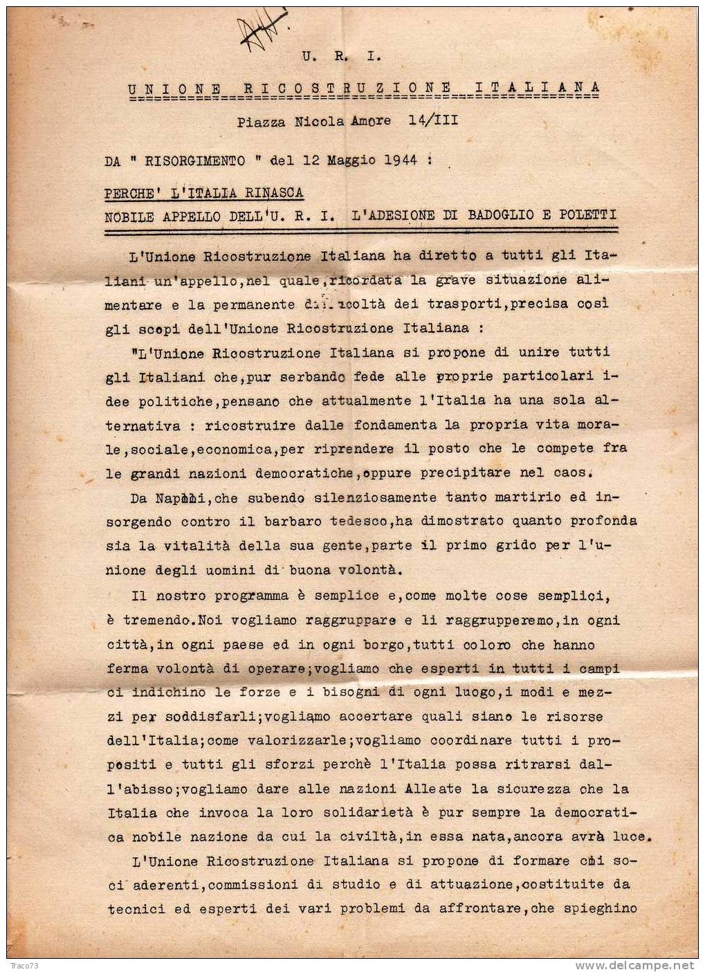 Piego Per Agrigento  - A.C.S.  04.06.1944 - " Unione Ricostruzione Italiana " - Imperiale Con Fasci  Cent. 50 Isolato - Storia Postale