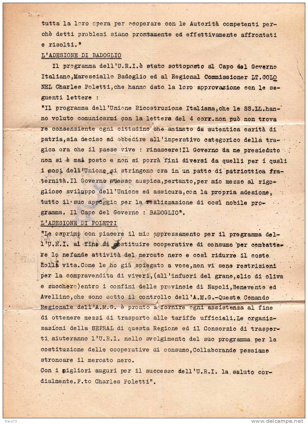 Piego Per Agrigento  - A.C.S.  04.06.1944 - " Unione Ricostruzione Italiana " - Imperiale Con Fasci  Cent. 50 Isolato - Poststempel
