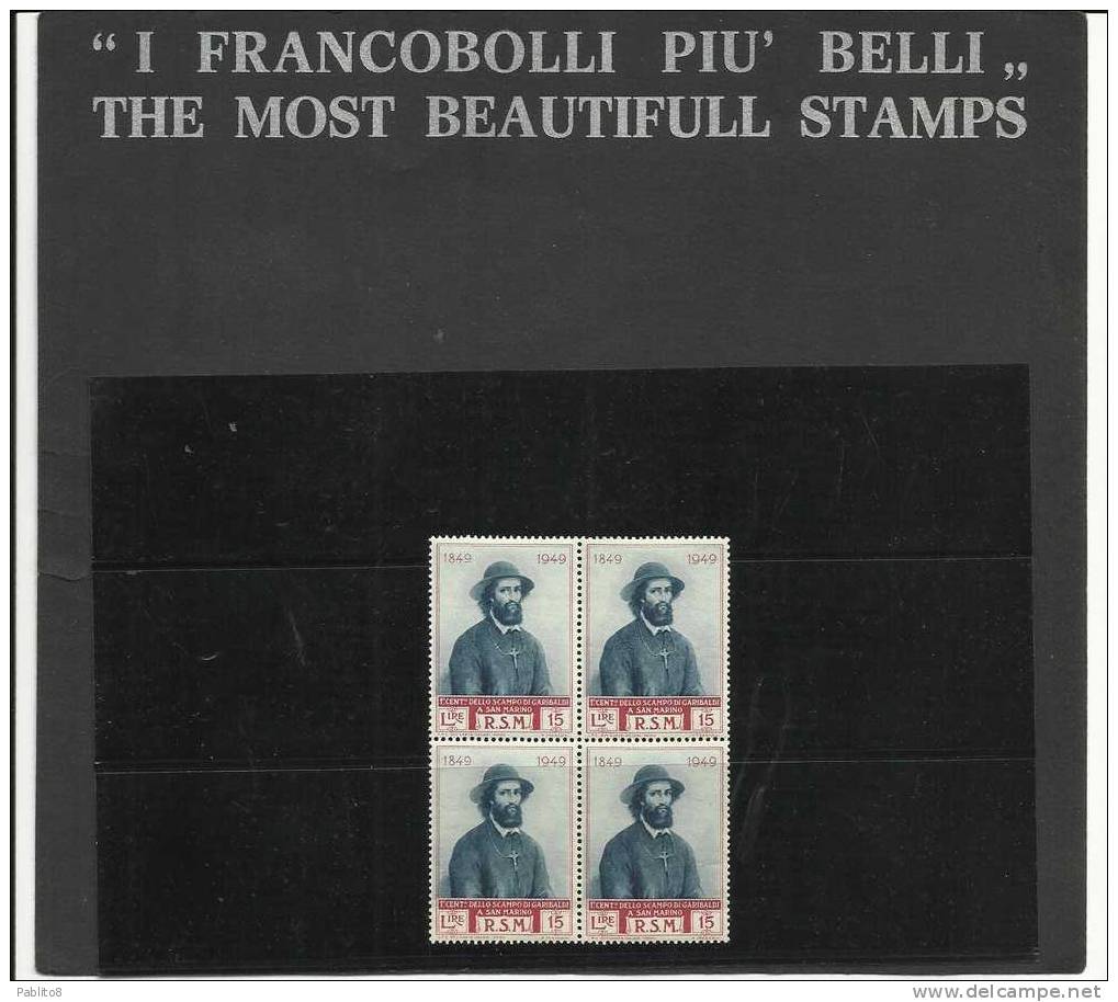 SAN MARINO 1949 GARIBALDI L.15 MNH QUARTINA - Unused Stamps