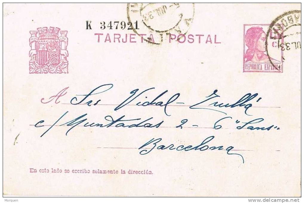 Entero Postal VALLS (Tarragona) 1933. Republica - 1931-....