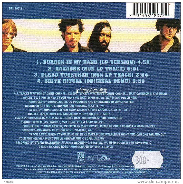 CD - SOUNDGARDEN - Burden In My Hand (LP Version - 4.50) - Karaoke (6.01) - Bleed Together (3.54) - Birth Ritual (demo - - Collectors