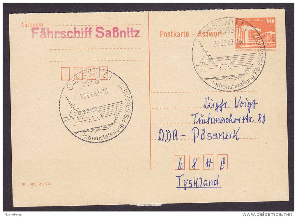 Germany DDR Postal Stationery Ganzsache Entier Antwort Response Schiffspost Ships Mail Ferry Fährschiff SASSNITZ 1989 - Cartes Postales - Oblitérées