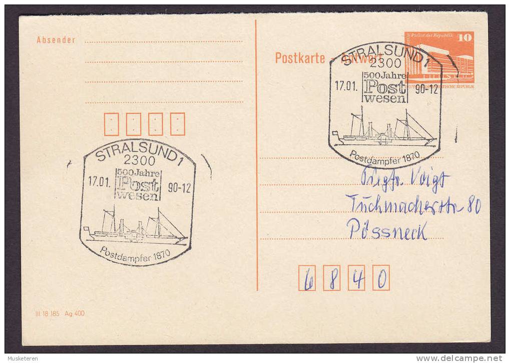 Germany DDR Postal Stationery Ganzsache Entier Antwort Response STRALSUND 1990 Sonder Stempel Postdampfer 1870 Cachet - Cartes Postales - Oblitérées