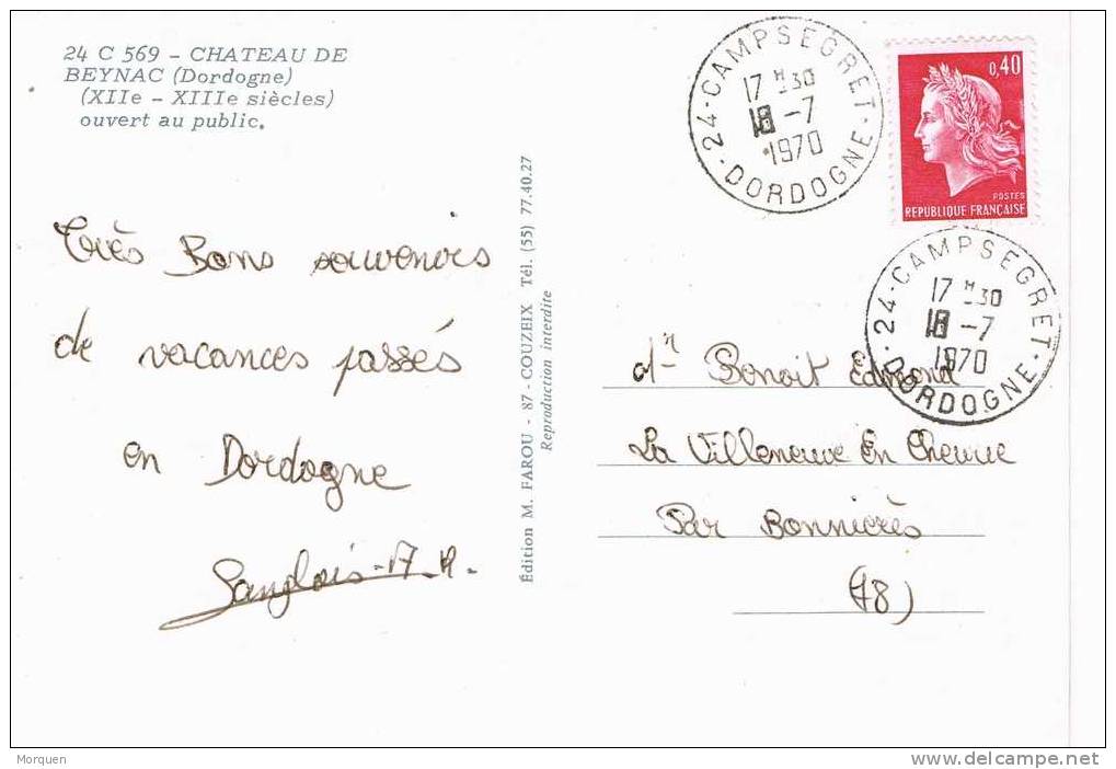 Postal Chateau De BEYNAC (Dordogne) 1970.   Fechador CAMPSEGRET. - Covers & Documents