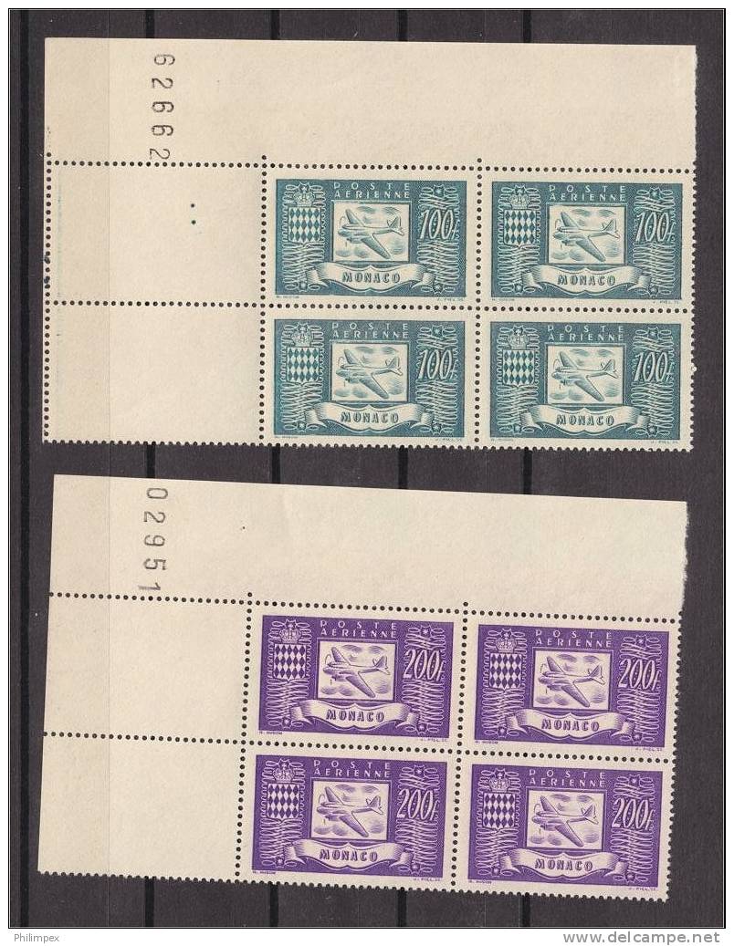 MONACO, AIRPOST 1946 VF MNH BLOCKS OF 4 - Airmail