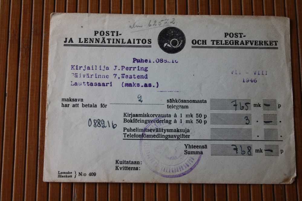 POST-OCH TELEGRAFVERKET-POSTI-JA LENNATINLAITOS LAUTTASAARI (MAKS.A.S.)1946 AUTRICHE TELEGRAM KUNNA INTELEFONERAS TILL N - Telegraph