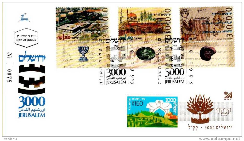 Israel Judaica JNF, KKL "Gift From KKL", "Jerusalem 3000 Years" Full Tab Cacheted FD Cover 1995 - Judaísmo