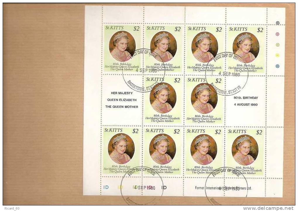 Bloc Feuillet Oblitéré De Saint Kitts, La Reine Mère, Queen Mother Birthday, 1980 - St.Kitts Und Nevis ( 1983-...)