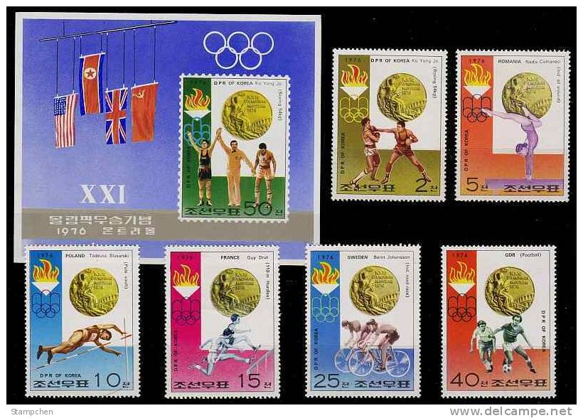 North Korea Stamps +s/s 1976 Olympic Games Football Soccer Pole Vault Hurdle Cycling Boxing Gymnastics Bicycle Flag - Zomer 1976: Montreal