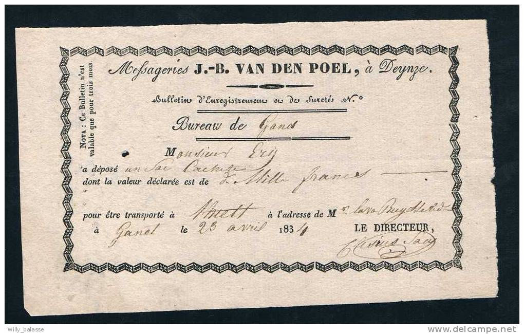 Belgique Précurseur 1834 Bordereau Des Messageries "VAN DEN POEL" à Deinze Enregistré Au Bureau De Gand Pour Thielt. - 1830-1849 (Independent Belgium)