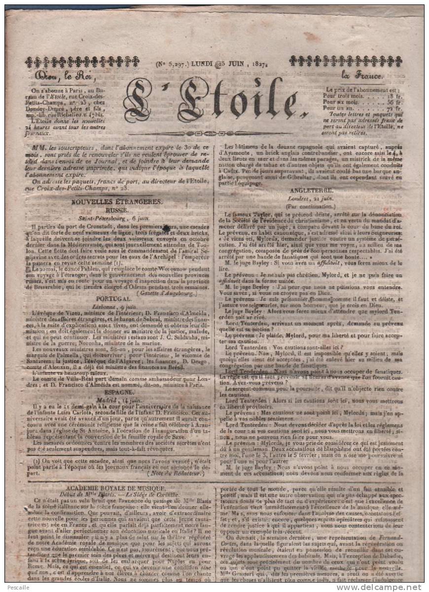 L´ETOILE 25 06 1827 - LONDRES TAYLOR DEISTE - ACADEMIE ROYALE DE MUSIQUE CANTATRICE Mlle BLASIS - MEMOIRES CARNOT - SYRA - 1800 - 1849