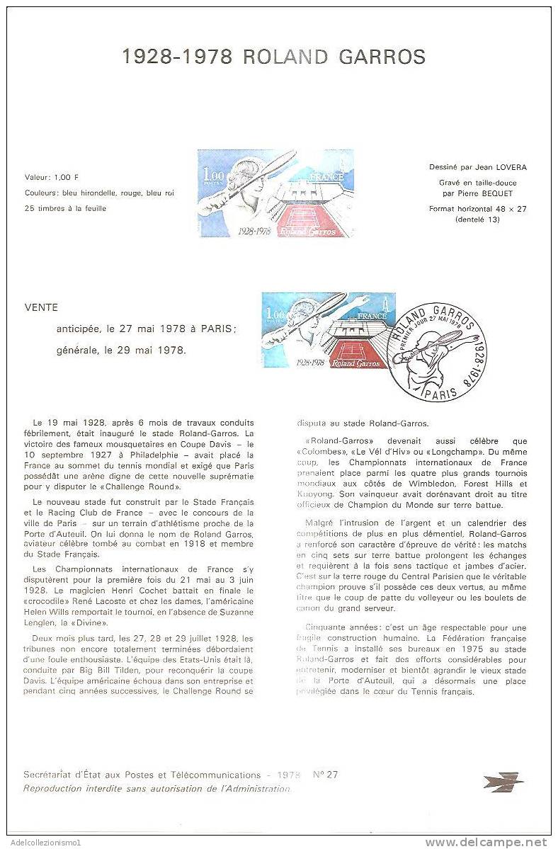 48370)bollettino Francese - R. Garros Con Un Valore + Annullo F.d.c. - Covers & Documents