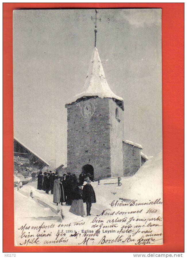 L019 Sortie De L'Eglise à Leysin,dans La Neige.TRES ANIME.Précurseur.Cachet Aigle 1905 - Aigle