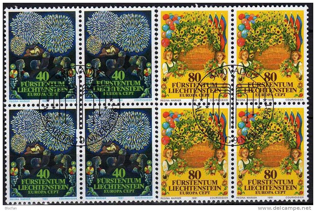 CEPT 1981 Folklore Fürstentum Liechtenstein 764/5 + 4-Block O 7€ Festumzug Feuerwerk Auf Schloß Vaduz Sheet From EUROPA - Gebraucht