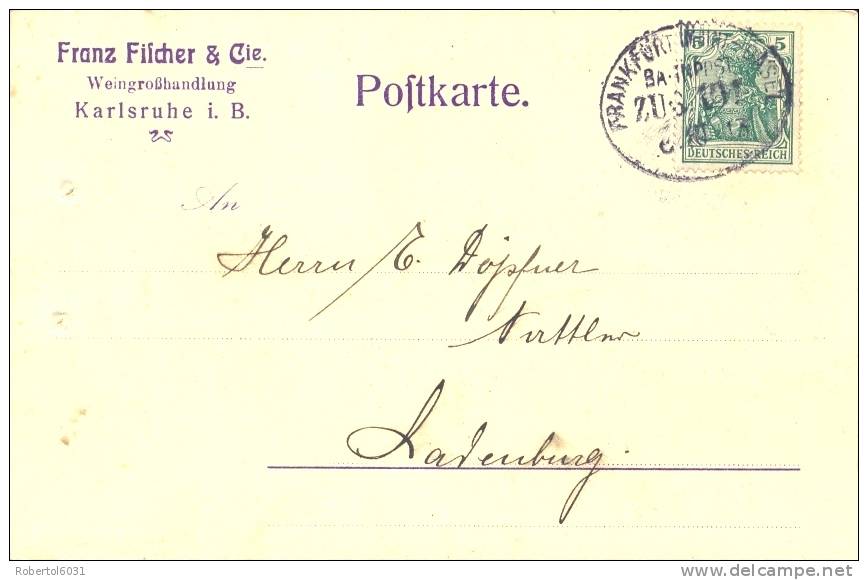 Germany 1913 Commercial Postcard Karlsruhe Wein's Wholesale With TPO Cancel Frankfürt-Basel - Wein & Alkohol