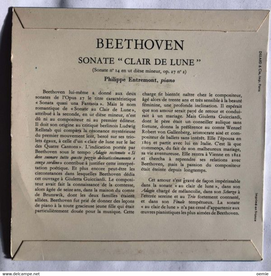 PHILIPPE ENTREMONT  °  PIANO  ° BEETHOVEN  °  SONATE No 14 EN UT DIEZE MINEUR  CLAIR DE LUNE - Classique