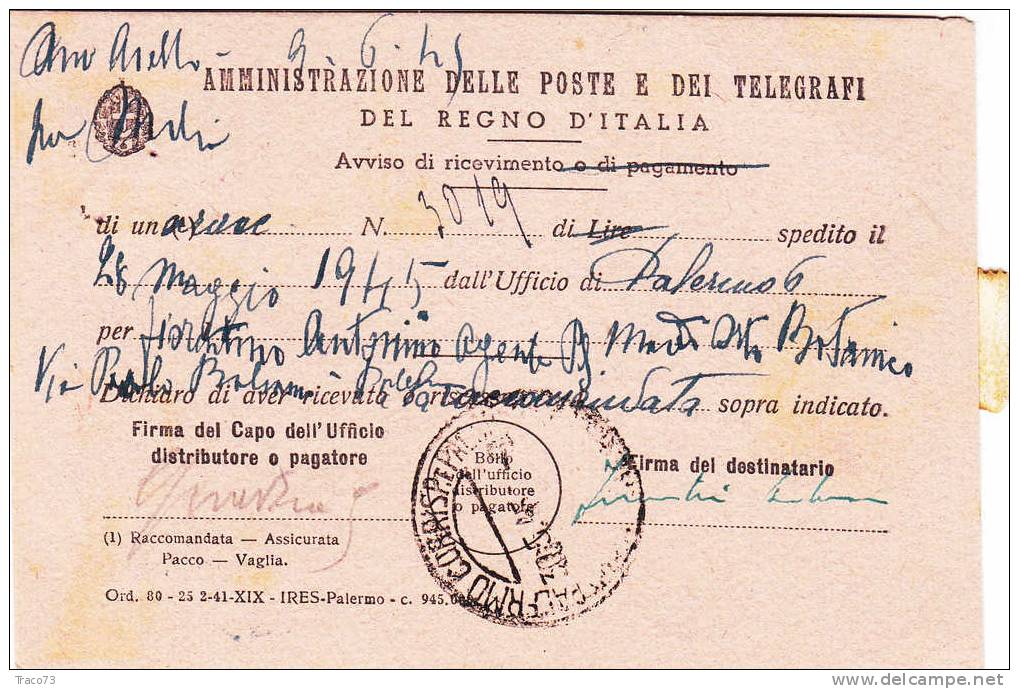 PALERMO / Città   - Avviso Di Ricevimento -   30.05.1945 -  Imperiale Senza Fasci  Lire 1 X 2 - Poststempel