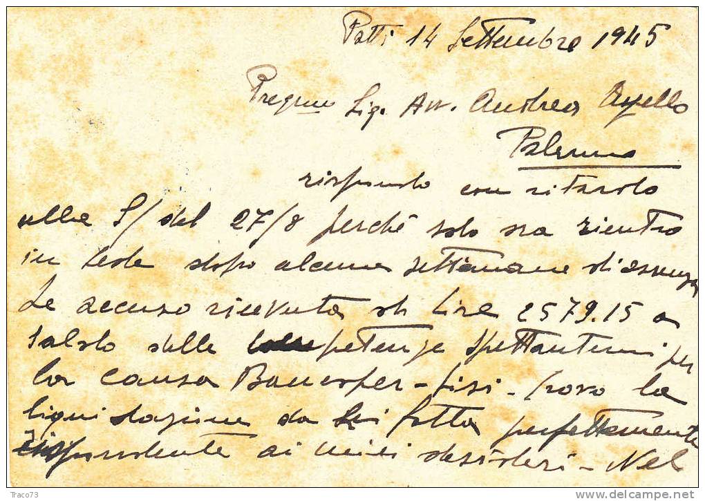 PATTI  -  PALERMO   - Card / Cartolina  -  14.09.1945 -  "Avv. Fortunato Gugliotta" - Monum. Distr.  Lire 1,20 - Storia Postale